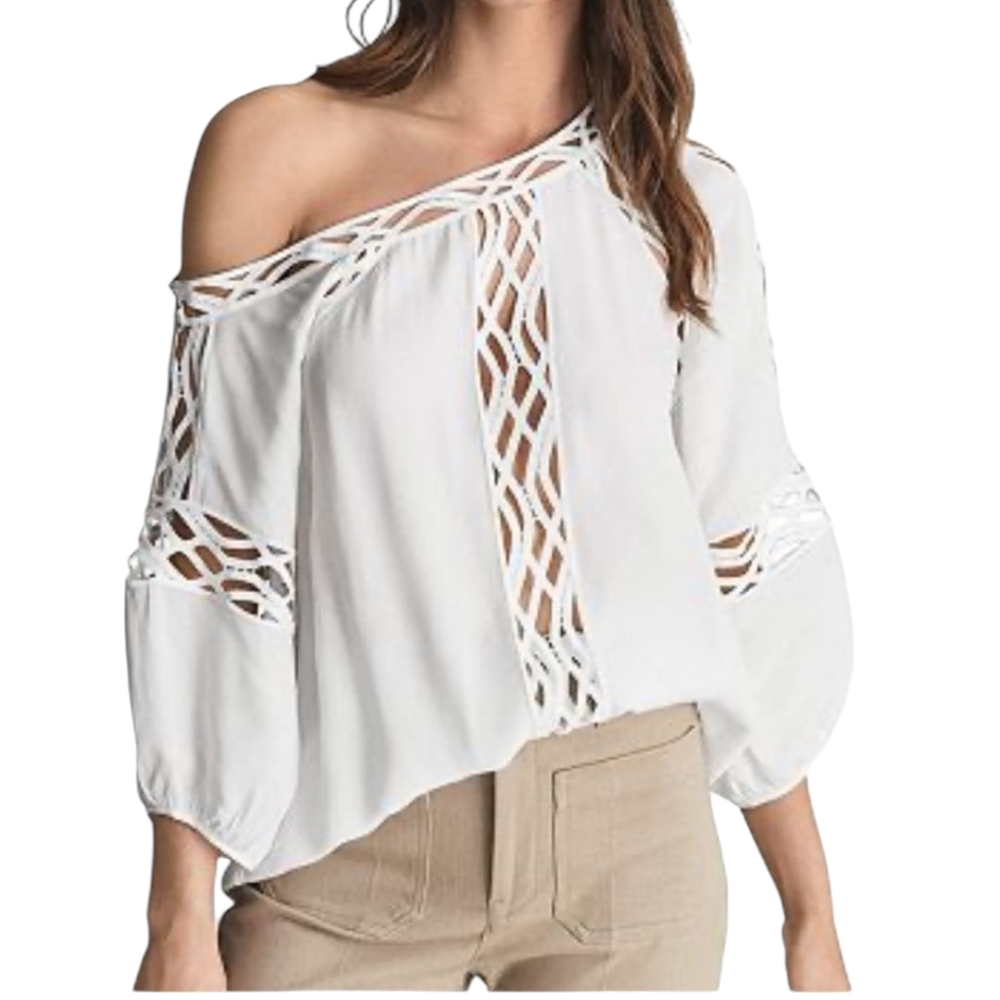 Reisss Lena White Off-Shoulder Balloon Sleeve Lace Cutout Women's Top... Size 6